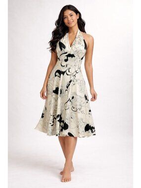 Vintage 100% Silk Halter Top Midi Dress Floral Print Size 12